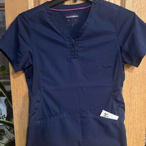 Healing Hands Yoga scrub top with zipper front. Size medium, navy blue color.